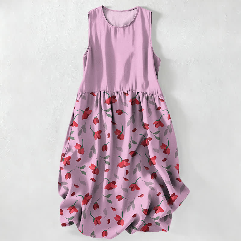 Nimara Ritual Summer Casual Red Floral Vine Pattern Women's Summer Sleeveless Midi Dress With Pockets