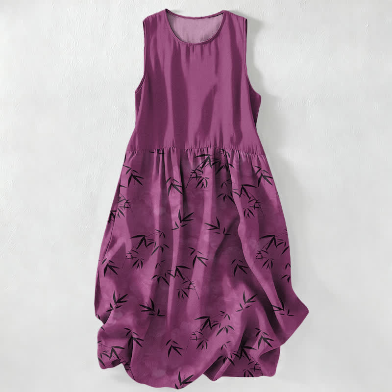 Nimara Ritual Summer Casual Bamboo Leaves Pattern Women's Summer Sleeveless Midi Dress With Pockets