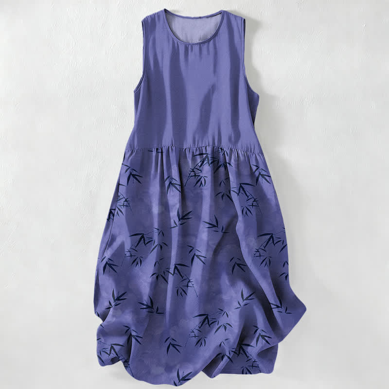 Nimara Ritual Summer Casual Bamboo Leaves Pattern Women's Summer Sleeveless Midi Dress With Pockets