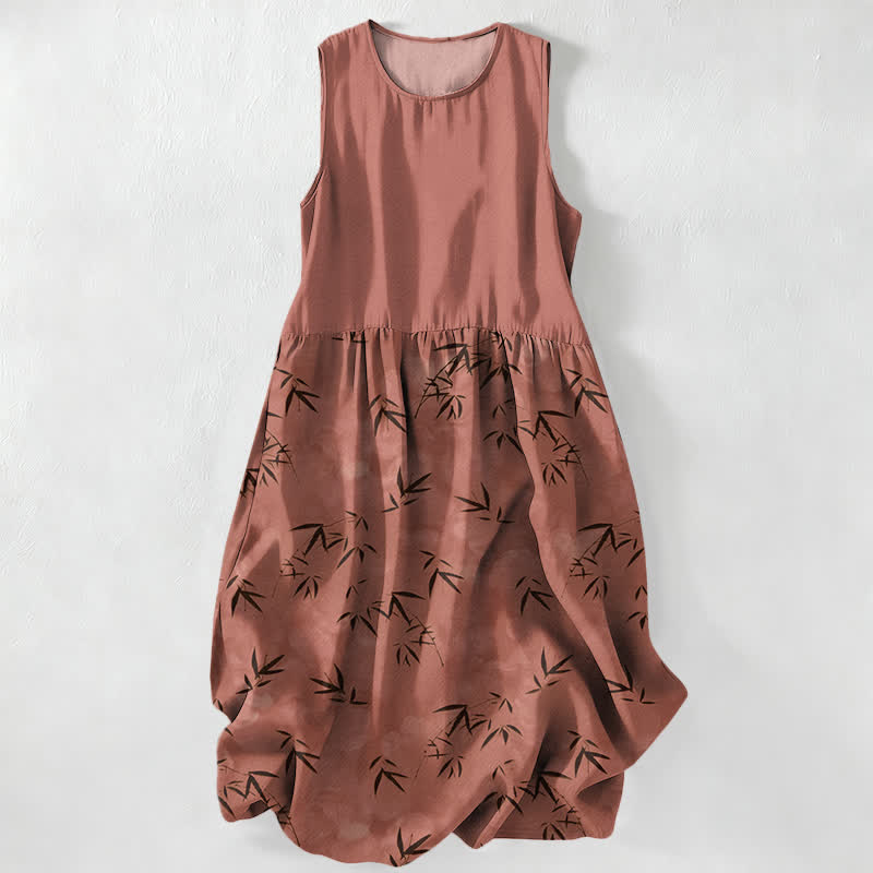 Nimara Ritual Summer Casual Bamboo Leaves Pattern Women's Summer Sleeveless Midi Dress With Pockets