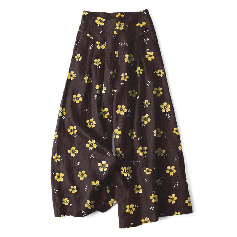 Nimara Ritual Cotton Linen Vintage Floral Pattern Women's Elastic Waist Wide Leg Pants With Pockets