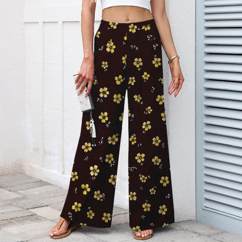 Nimara Ritual Cotton Linen Vintage Floral Pattern Women's Elastic Waist Wide Leg Pants With Pockets