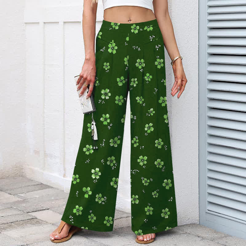 Nimara Ritual Cotton Linen Vintage Floral Pattern Women's Elastic Waist Wide Leg Pants With Pockets