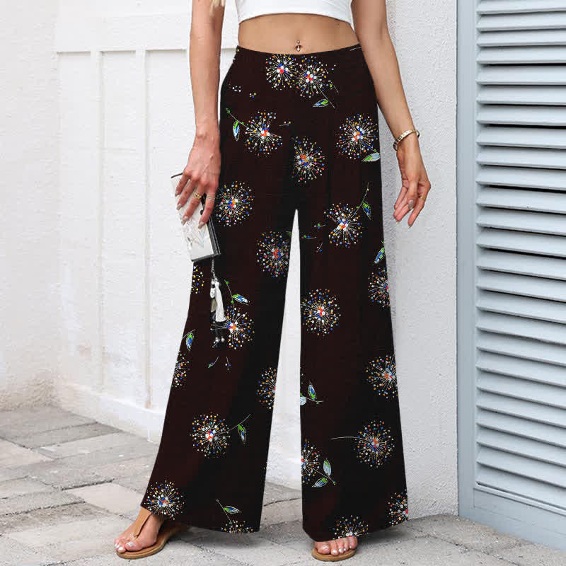 Nimara Ritual Cotton Linen Colorful Dandelion Floral Pattern Women's Elastic Waist Wide Leg Pants With Pockets