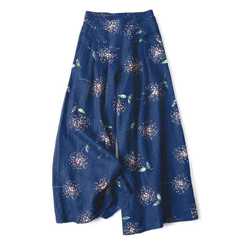 Nimara Ritual Cotton Linen Colorful Dandelion Floral Pattern Women's Elastic Waist Wide Leg Pants With Pockets