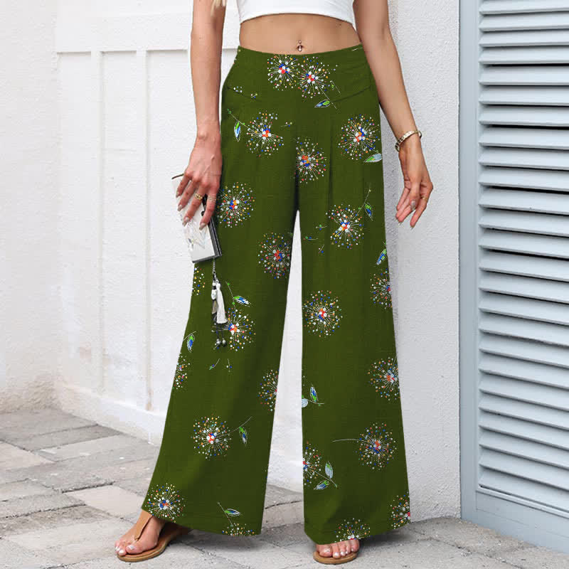 Nimara Ritual Cotton Linen Colorful Dandelion Floral Pattern Women's Elastic Waist Wide Leg Pants With Pockets