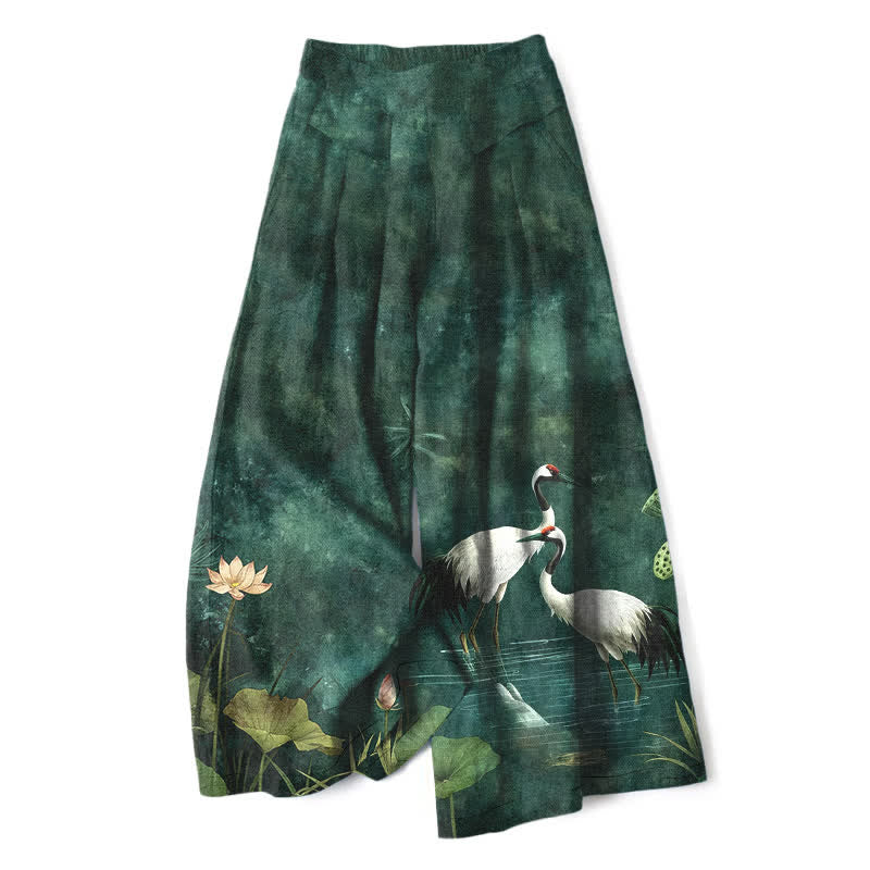 Nimara Ritual Cotton Linen Crane Lotus Pattern Women's Elastic Waist Wide Leg Pants With Pockets
