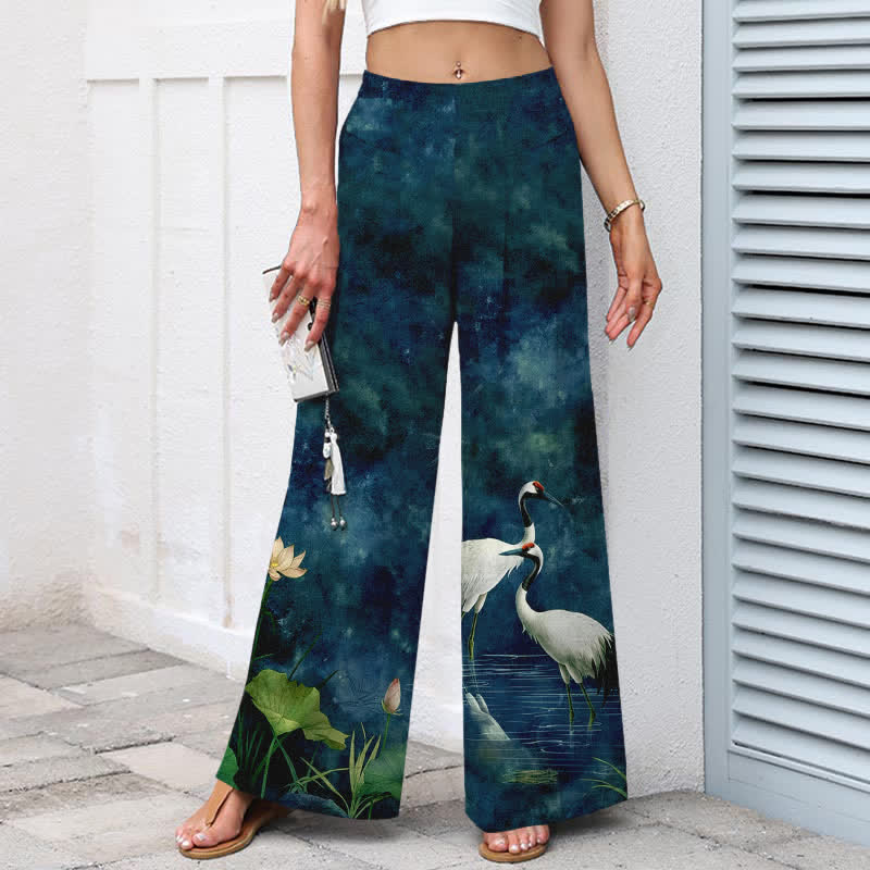 Nimara Ritual Cotton Linen Crane Lotus Pattern Women's Elastic Waist Wide Leg Pants With Pockets