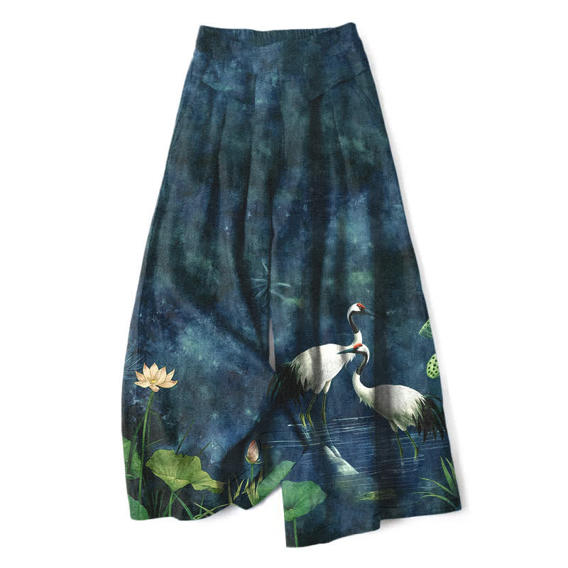 Nimara Ritual Cotton Linen Crane Lotus Pattern Women's Elastic Waist Wide Leg Pants With Pockets