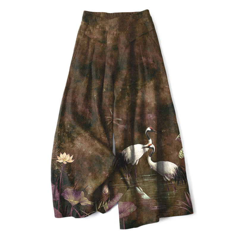 Nimara Ritual Cotton Linen Crane Lotus Pattern Women's Elastic Waist Wide Leg Pants With Pockets