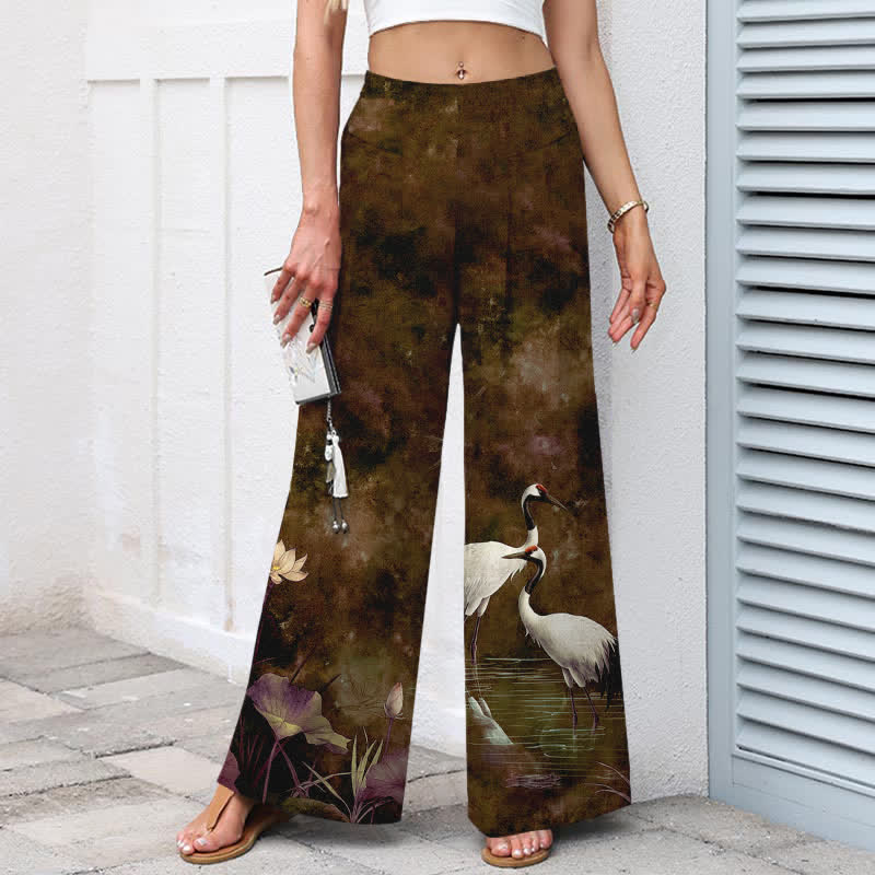 Nimara Ritual Cotton Linen Crane Lotus Pattern Women's Elastic Waist Wide Leg Pants With Pockets