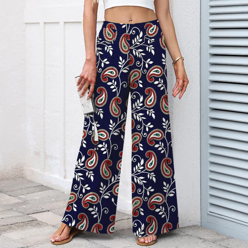 Nimara Ritual Cotton Linen Bohemian Paisley Pattern Women's Elastic Waist Wide Leg Pants With Pockets