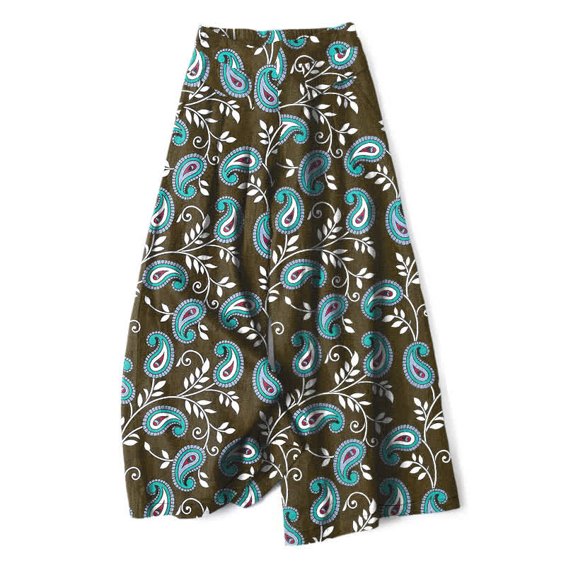Nimara Ritual Cotton Linen Bohemian Paisley Pattern Women's Elastic Waist Wide Leg Pants With Pockets