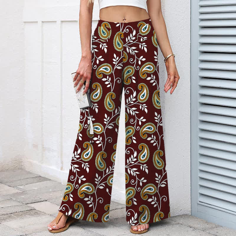 Nimara Ritual Cotton Linen Bohemian Paisley Pattern Women's Elastic Waist Wide Leg Pants With Pockets