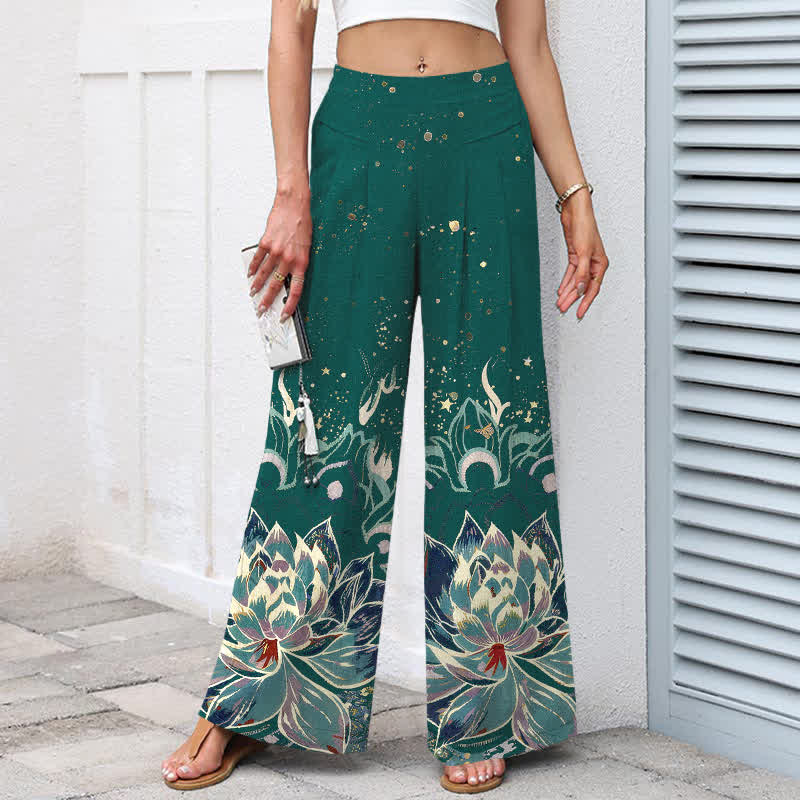 Nimara Ritual Cotton Linen Lotus Bloom Pattern Women's Elastic Waist Wide Leg Pants With Pockets