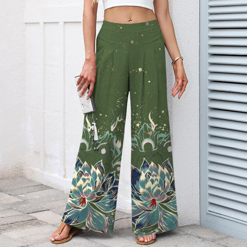Nimara Ritual Cotton Linen Lotus Bloom Pattern Women's Elastic Waist Wide Leg Pants With Pockets
