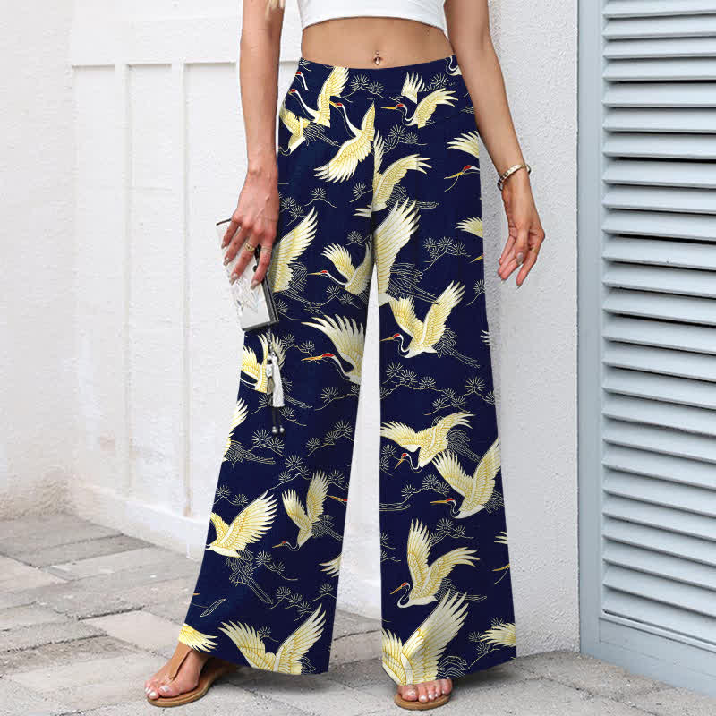 Nimara Ritual Cotton Linen Gold Crane Pattern Women's Elastic Waist Wide Leg Pants With Pockets