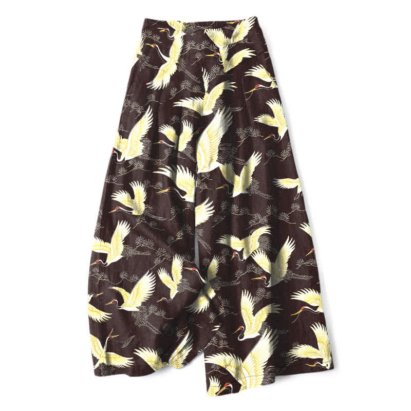 Nimara Ritual Cotton Linen Gold Crane Pattern Women's Elastic Waist Wide Leg Pants With Pockets