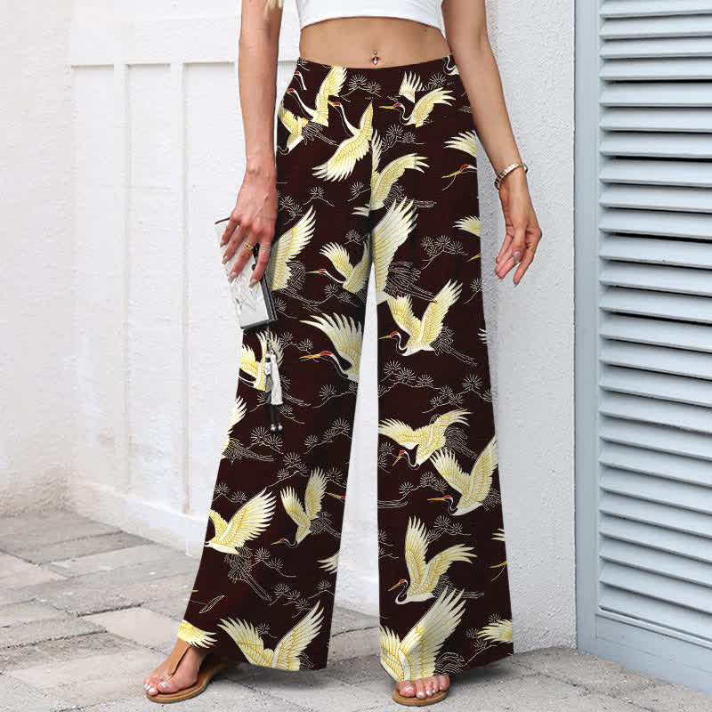 Nimara Ritual Cotton Linen Gold Crane Pattern Women's Elastic Waist Wide Leg Pants With Pockets