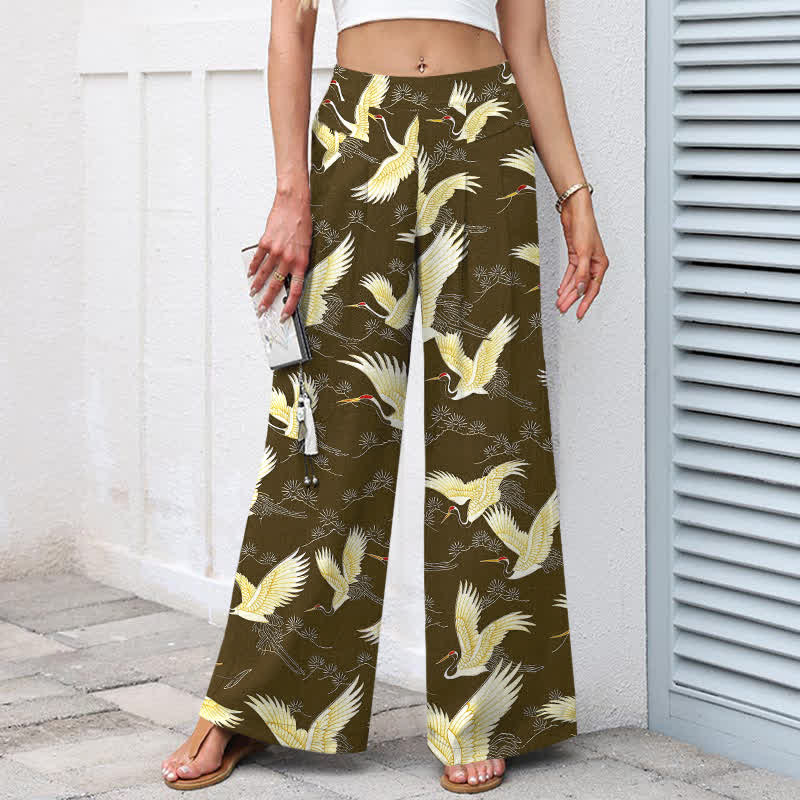 Nimara Ritual Cotton Linen Gold Crane Pattern Women's Elastic Waist Wide Leg Pants With Pockets