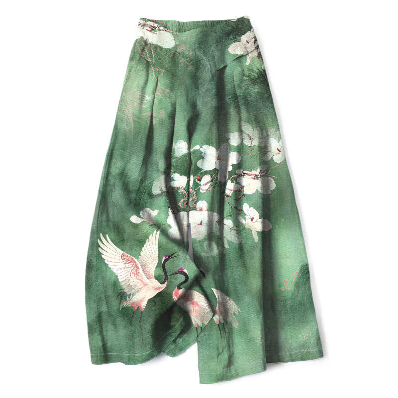 Nimara Ritual Cotton Linen Crane White Floral Pattern Women's Elastic Waist Wide Leg Pants With Pockets