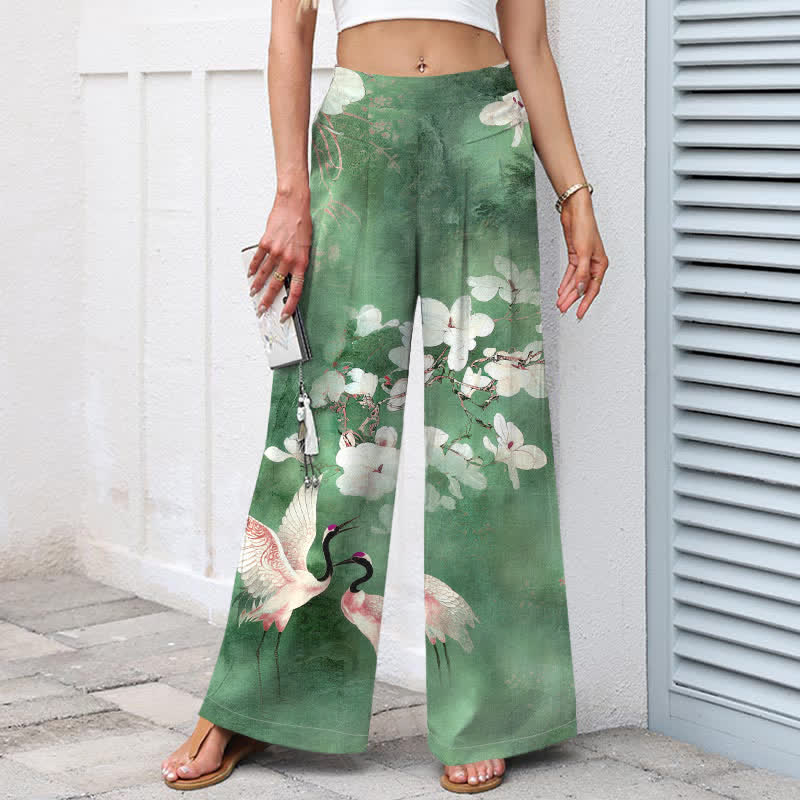 Nimara Ritual Cotton Linen Crane White Floral Pattern Women's Elastic Waist Wide Leg Pants With Pockets