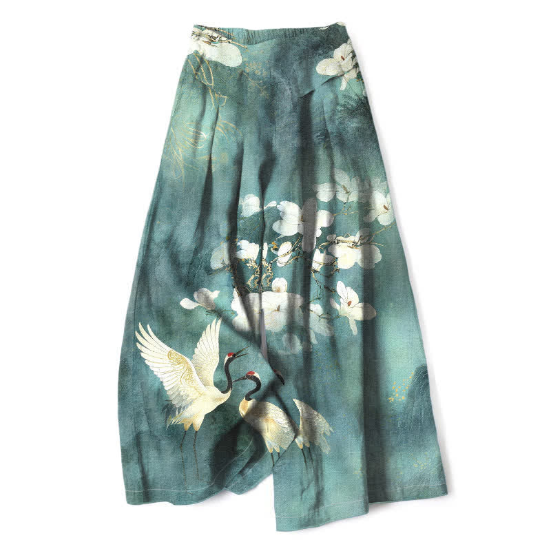 Nimara Ritual Cotton Linen Crane White Floral Pattern Women's Elastic Waist Wide Leg Pants With Pockets