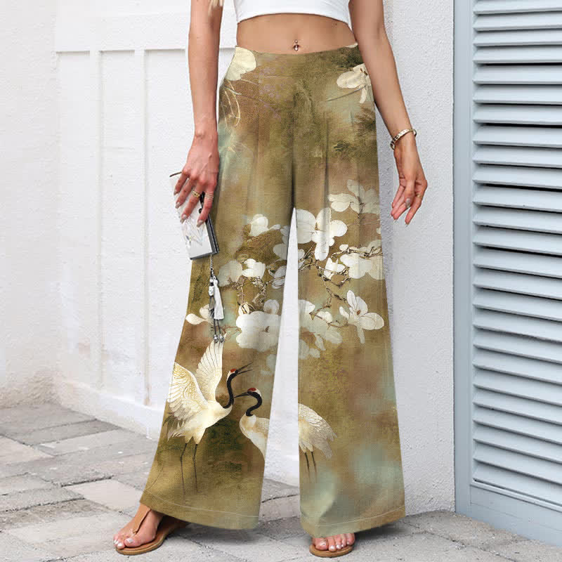 Nimara Ritual Cotton Linen Crane White Floral Pattern Women's Elastic Waist Wide Leg Pants With Pockets