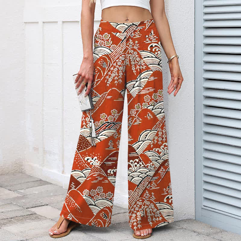 Nimara Ritual Cotton Linen Japanese Wave Pattern Women's Elastic Waist Wide Leg Pants With Pockets