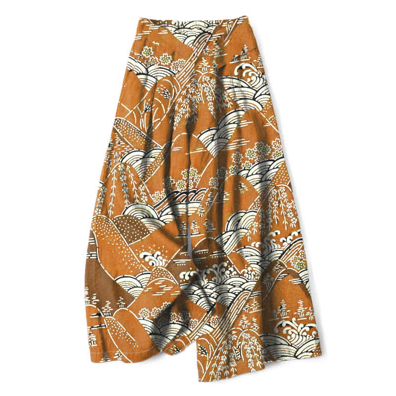 Nimara Ritual Cotton Linen Japanese Wave Pattern Women's Elastic Waist Wide Leg Pants With Pockets