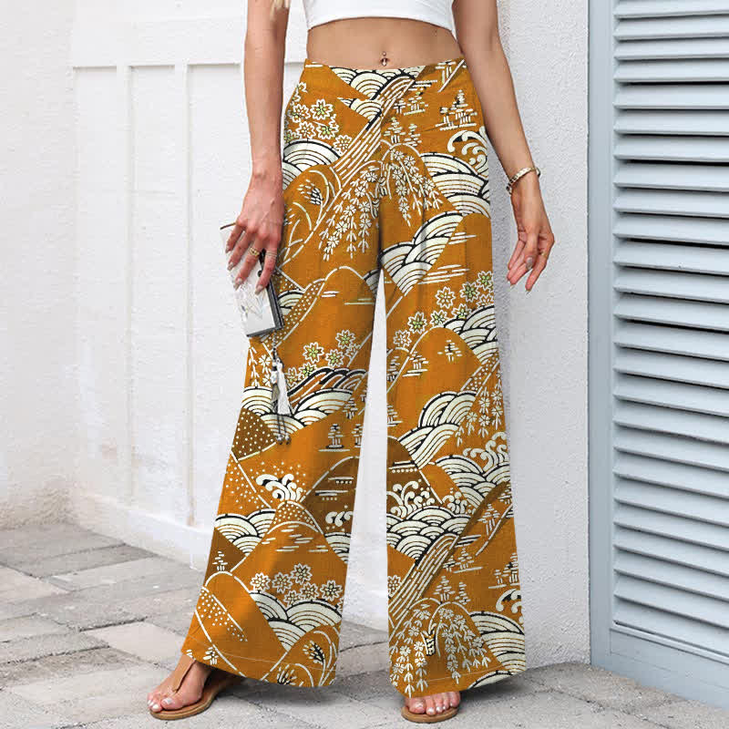 Nimara Ritual Cotton Linen Japanese Wave Pattern Women's Elastic Waist Wide Leg Pants With Pockets
