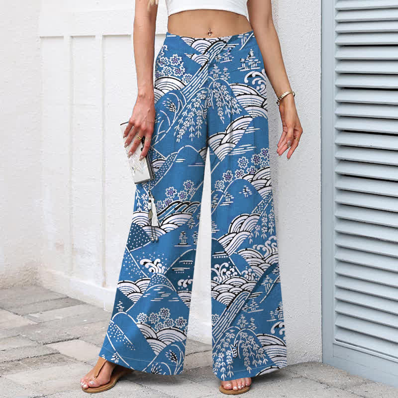 Nimara Ritual Cotton Linen Japanese Wave Pattern Women's Elastic Waist Wide Leg Pants With Pockets