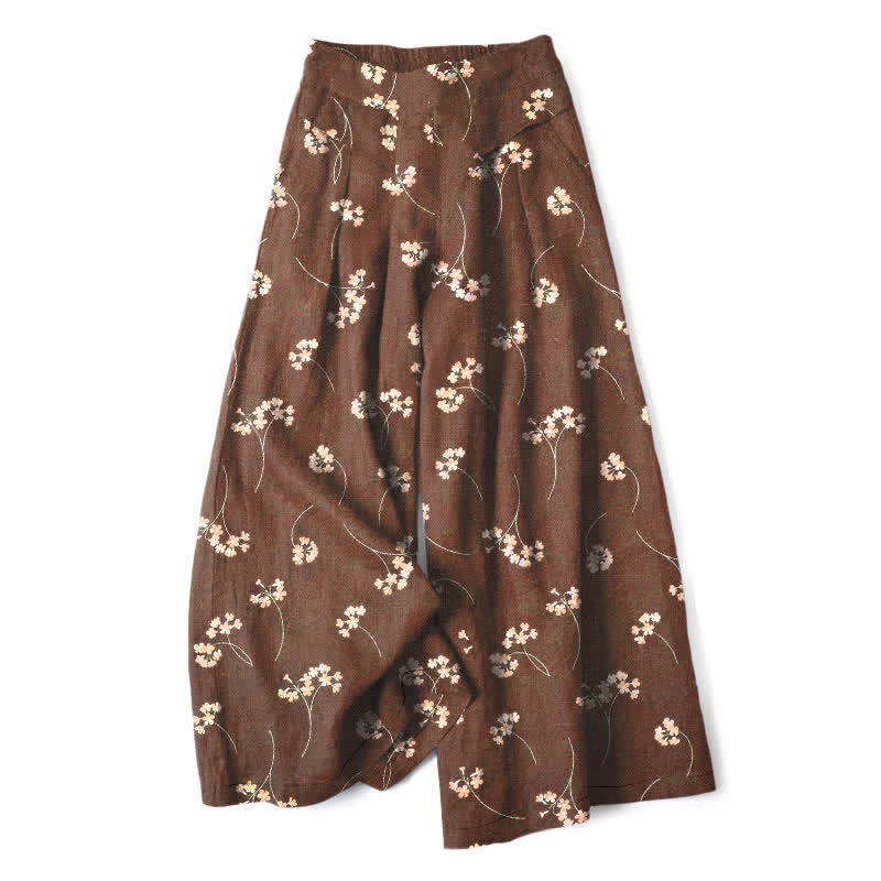 Nimara Ritual Cotton Linen Floral Bouquet Pattern Women's Elastic Waist Wide Leg Pants With Pockets