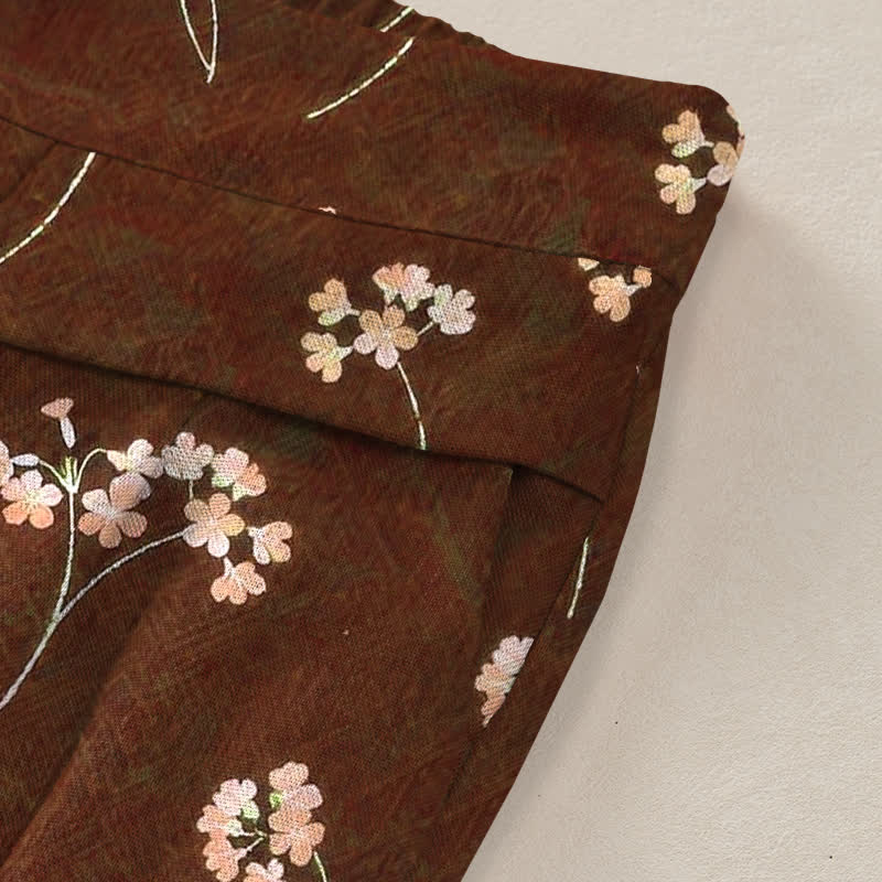 Nimara Ritual Cotton Linen Floral Bouquet Pattern Women's Elastic Waist Wide Leg Pants With Pockets