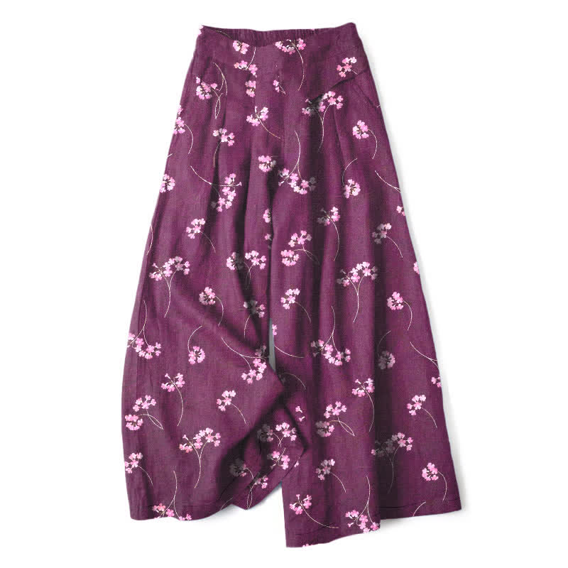 Nimara Ritual Cotton Linen Floral Bouquet Pattern Women's Elastic Waist Wide Leg Pants With Pockets
