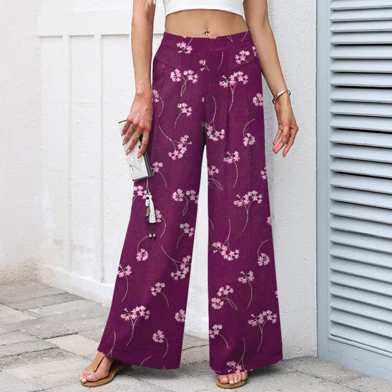 Nimara Ritual Cotton Linen Floral Bouquet Pattern Women's Elastic Waist Wide Leg Pants With Pockets