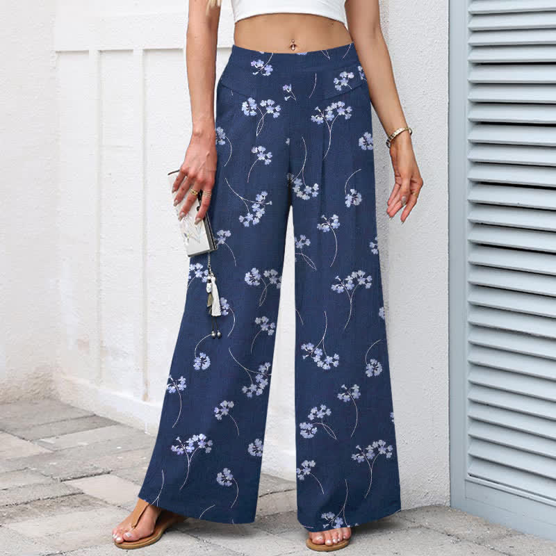 Nimara Ritual Cotton Linen Floral Bouquet Pattern Women's Elastic Waist Wide Leg Pants With Pockets
