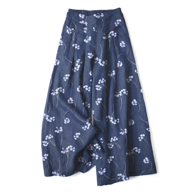 Nimara Ritual Cotton Linen Floral Bouquet Pattern Women's Elastic Waist Wide Leg Pants With Pockets