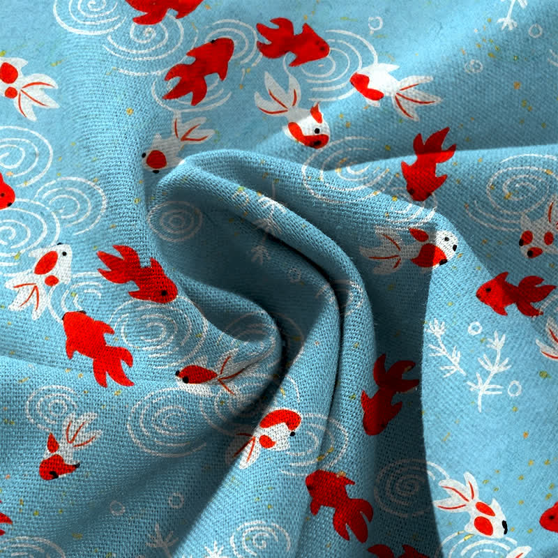 Nimara Ritual Cotton Linen Koi Fish Pattern Women's Elastic Waist Wide Leg Pants With Pockets