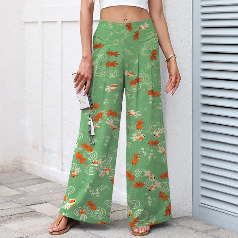 Nimara Ritual Cotton Linen Koi Fish Pattern Women's Elastic Waist Wide Leg Pants With Pockets