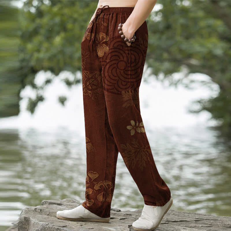 Nimara Ritual Cotton Vintage Floral Pattern Men's Tapered Pants With Pockets