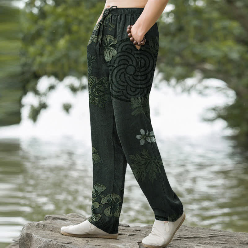 Nimara Ritual Cotton Vintage Floral Pattern Men's Tapered Pants With Pockets