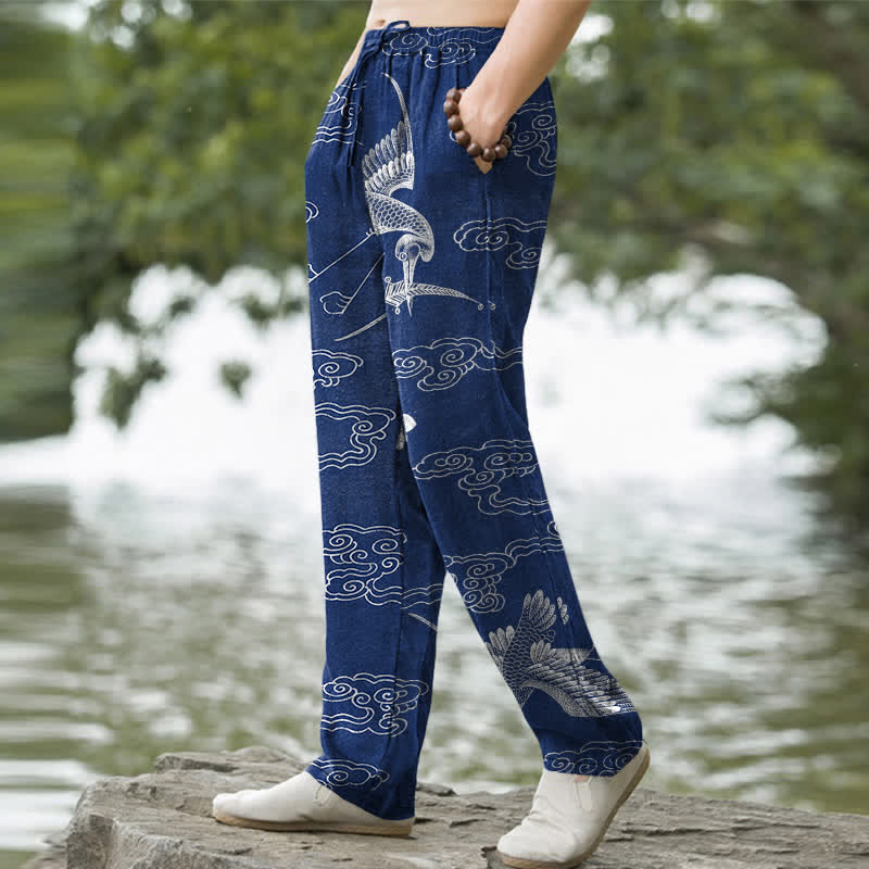 Nimara Ritual Cotton White Crane Auspicious Cloud Pattern Men's Tapered Pants With Pockets