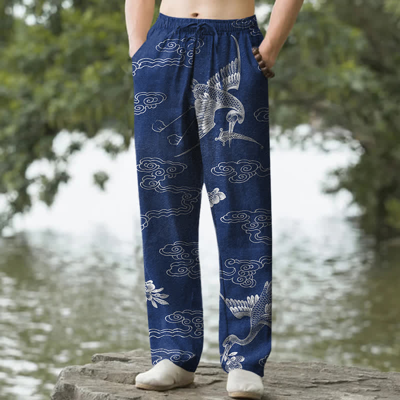 Nimara Ritual Cotton White Crane Auspicious Cloud Pattern Men's Tapered Pants With Pockets