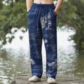 Nimara Ritual Cotton White Crane Auspicious Cloud Pattern Men's Tapered Pants With Pockets