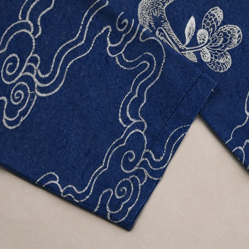Nimara Ritual Cotton White Crane Auspicious Cloud Pattern Men's Tapered Pants With Pockets