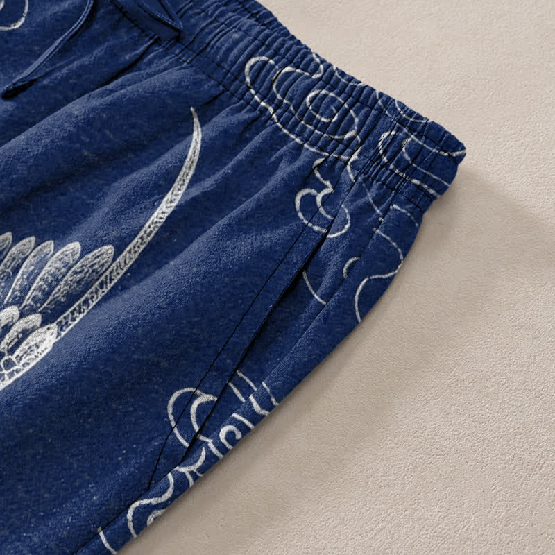 Nimara Ritual Cotton White Crane Auspicious Cloud Pattern Men's Tapered Pants With Pockets