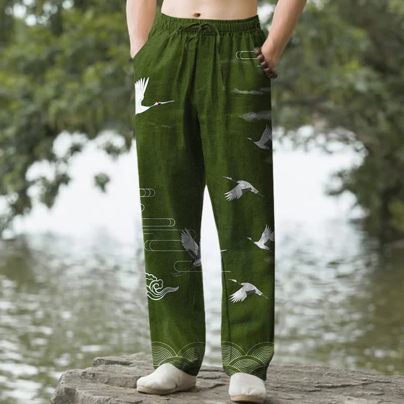 Nimara Ritual Cotton White Crane Wave Pattern Men's Tapered Pants With Pockets