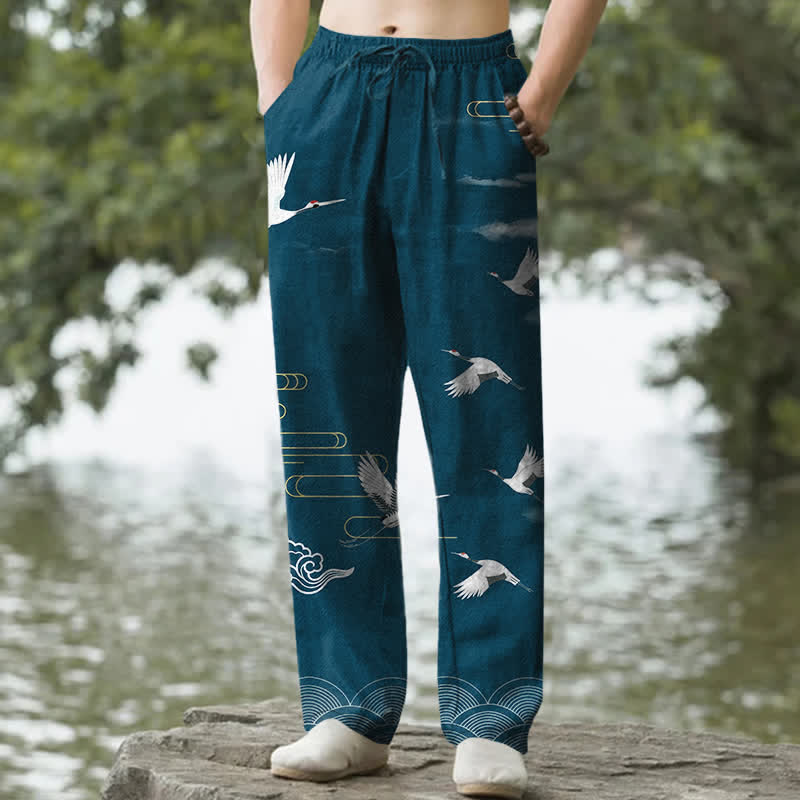 Nimara Ritual Cotton White Crane Wave Pattern Men's Tapered Pants With Pockets