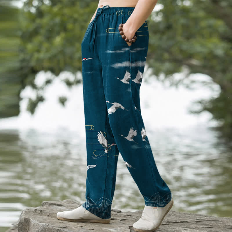 Nimara Ritual Cotton White Crane Wave Pattern Men's Tapered Pants With Pockets